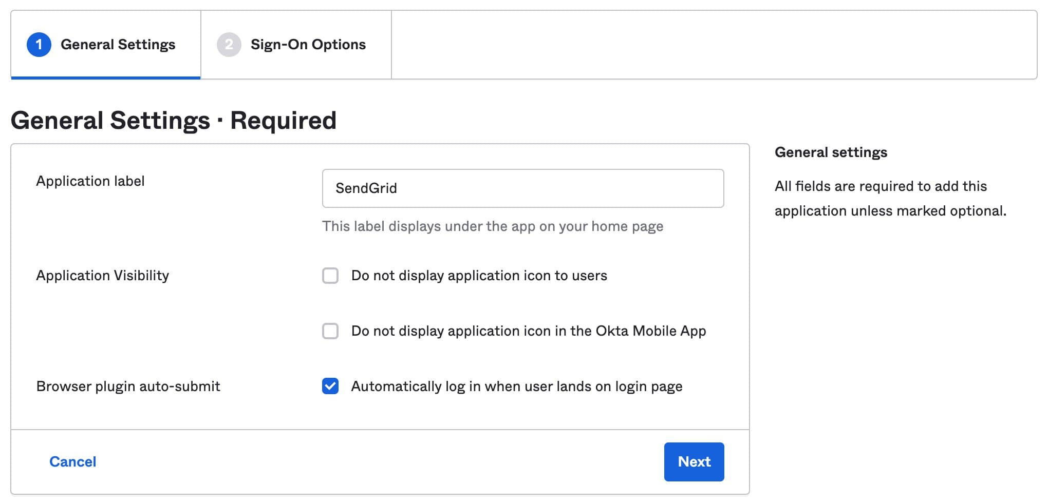 Okta settings page showing Twilio SendGrid app settings with options for visibility and provisioning.
