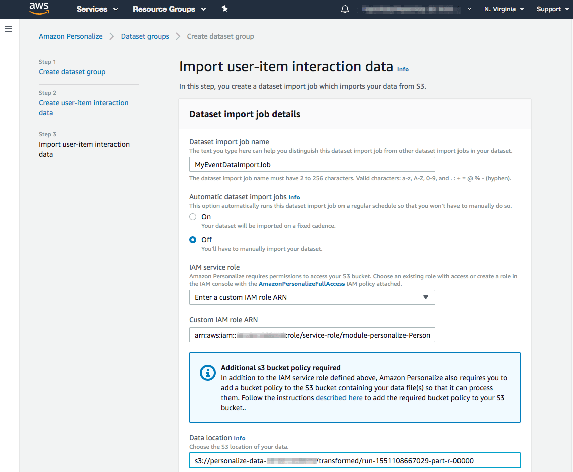 AWS interface for importing user-item interaction data with fields for dataset name, IAM role, and S3 data location.