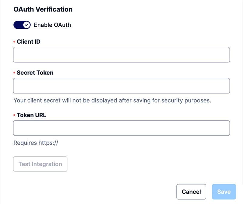 OAuth verification form with fields for Client ID, Secret Token, and Token URL.