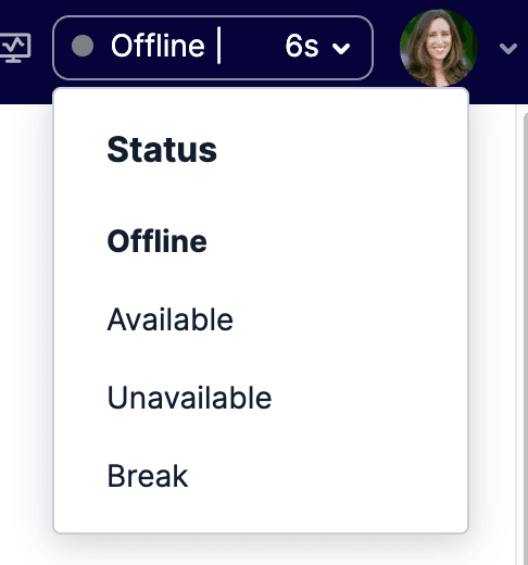 Agent status dropdown showing options: Offline, Available, Unavailable, Break.