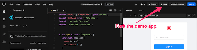 CodeSandbox interface with arrow pointing to 'Fork' button for demo app.
