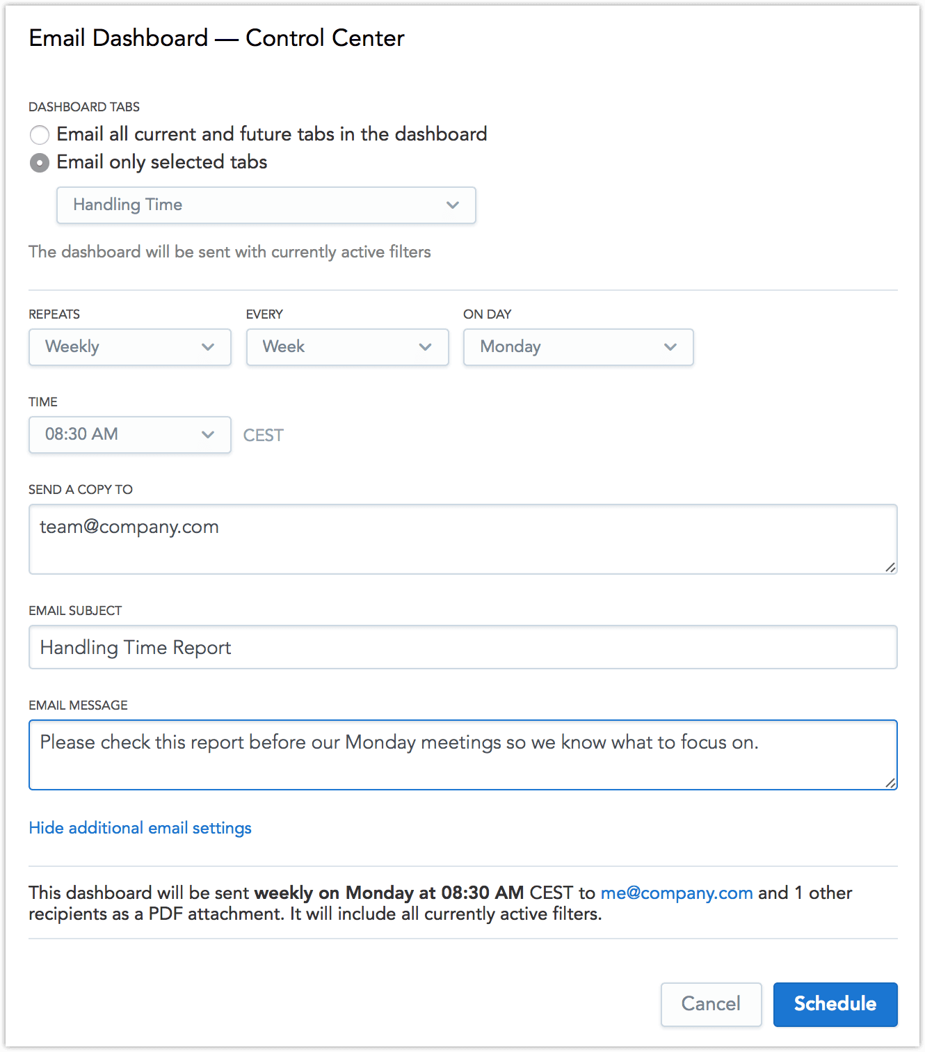 Email dashboard scheduling report for handling time sent weekly on Monday at 08:30 AM CEST.