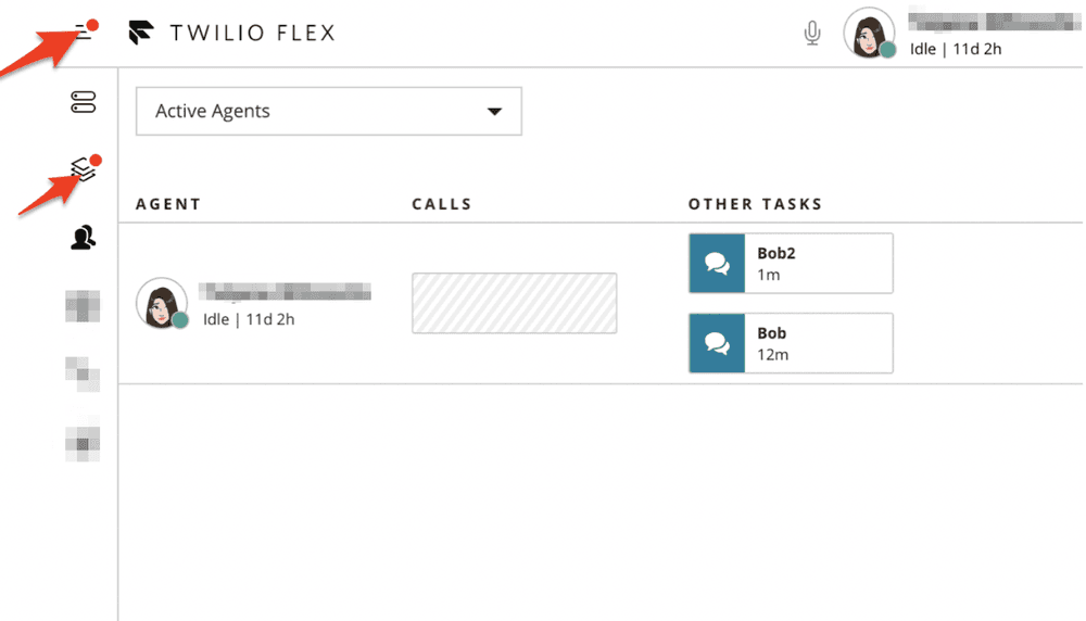 Twilio Flex dashboard showing active agents and unaccepted tasks badge.