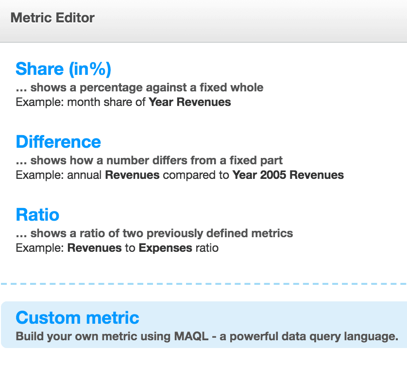 Metric editor showing share, difference, ratio, and custom metric options with examples.