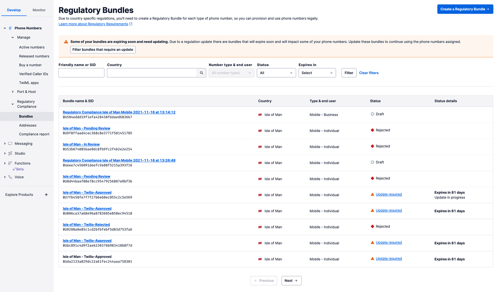 Regulatory Bundles dashboard showing bundle status, expiry, and update requirements for example mobile numbers.