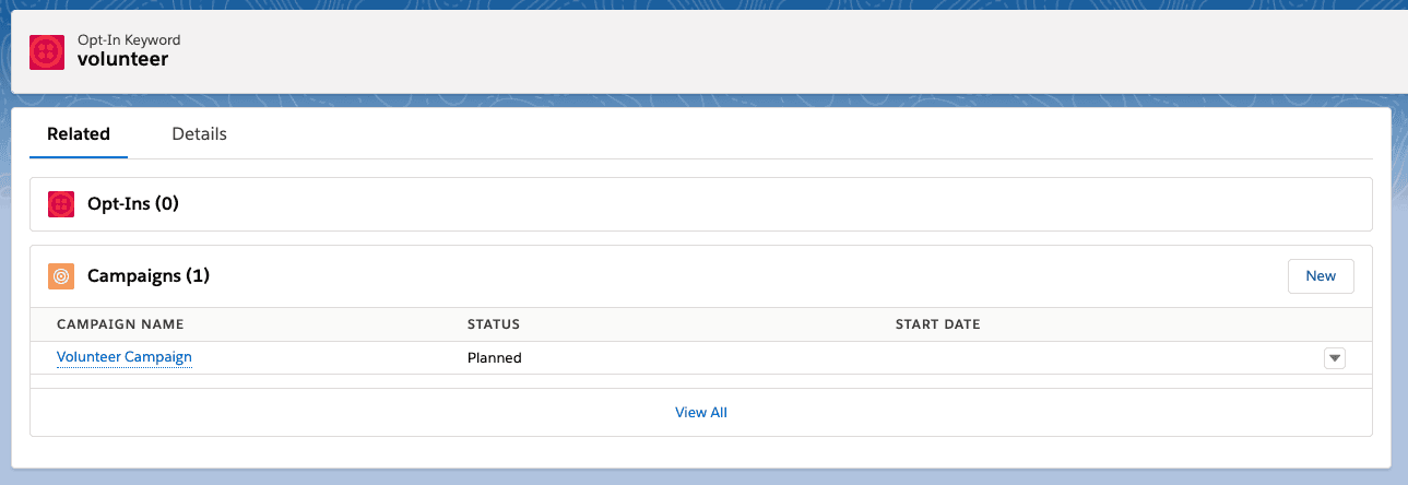 Volunteer campaign planned under Opt-In Keyword with one campaign listed.