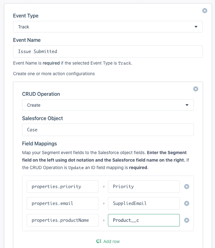 Salesforce action configuration for tracking 'Issue Submitted' with field mappings for priority, email, and product name.