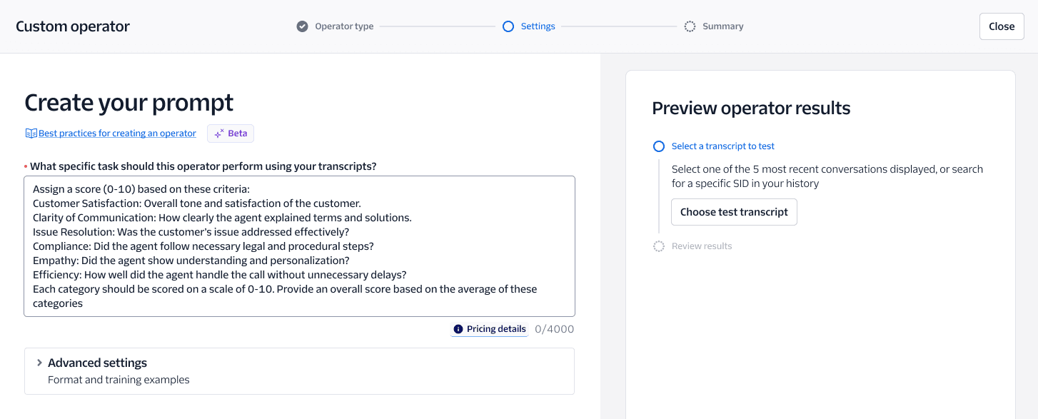 Custom operator prompt creation with criteria for scoring transcripts and preview results options.