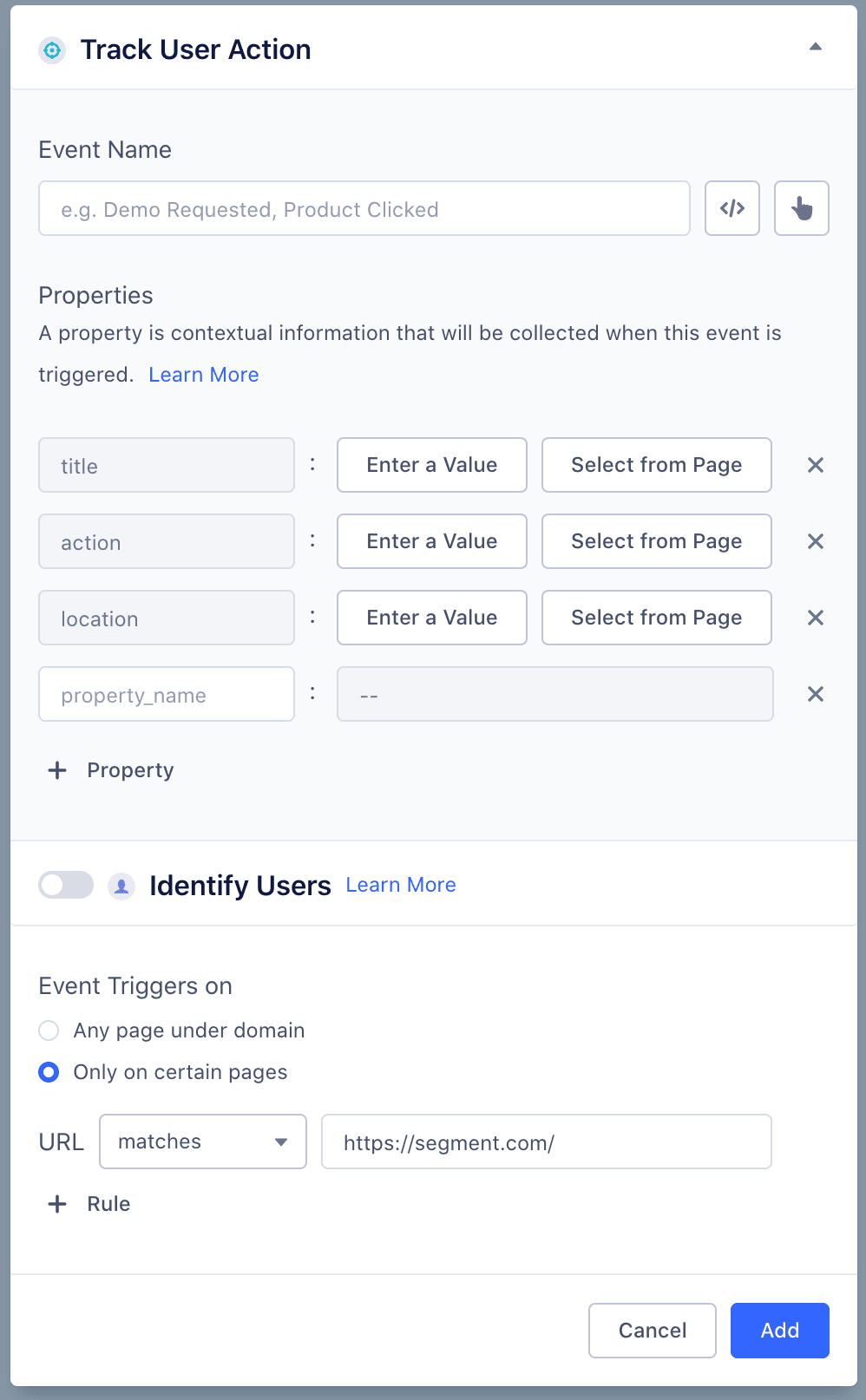 Track user action form with fields for event name and properties like title, action, and location.