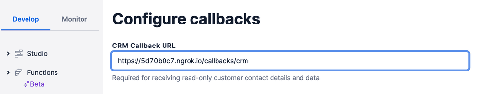 Configure callbacks page with CRM, outgoing conversations, and templates callback URLs.