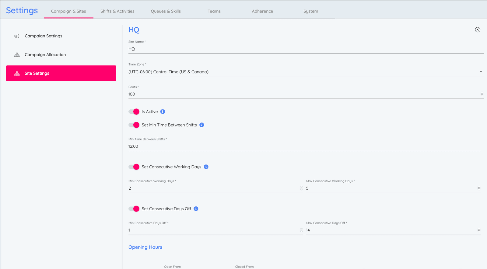 Site settings for HQ with options for time zone, seats, shift times, and working days.