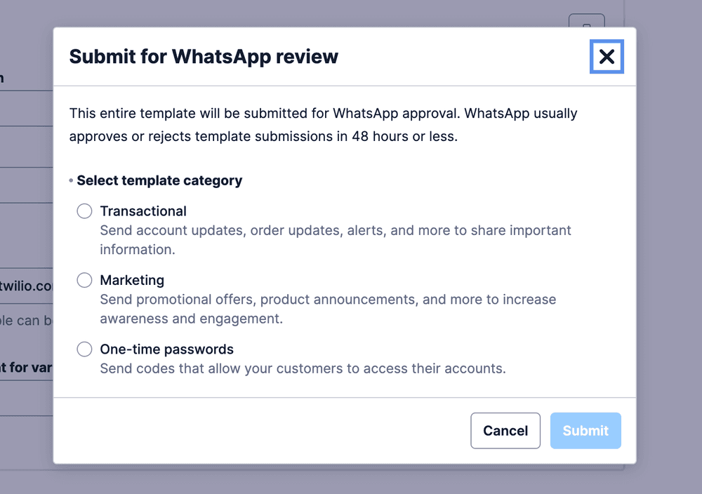 WhatsApp template submission form with options for transactional, marketing, and one-time passwords.