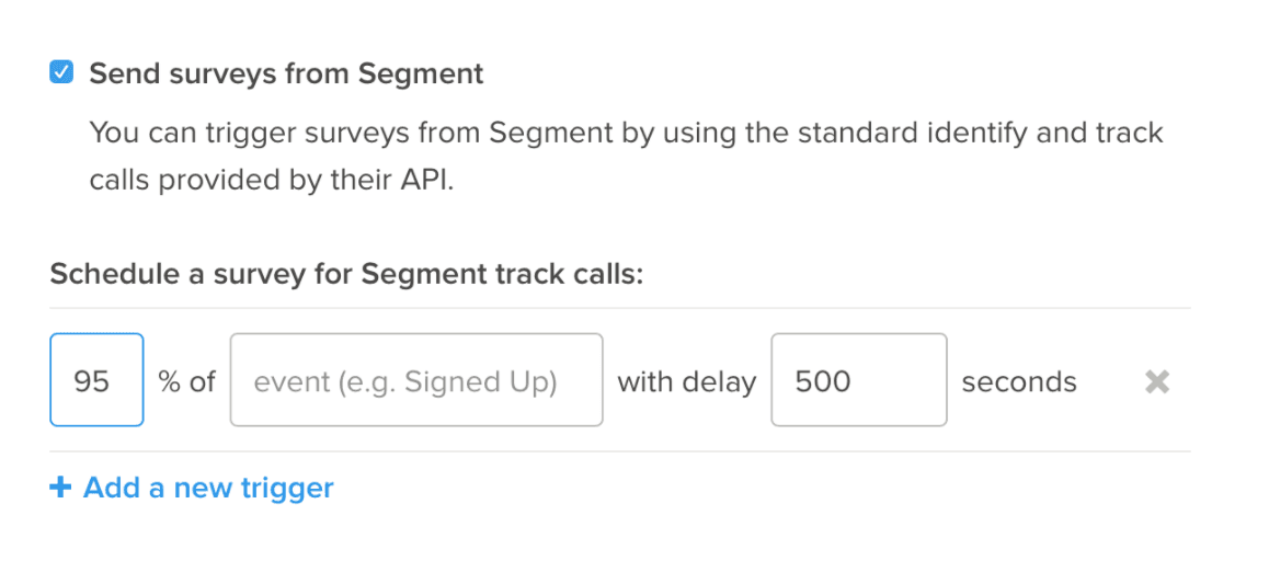 Configure Delighted surveys with Segment track calls and delay settings.