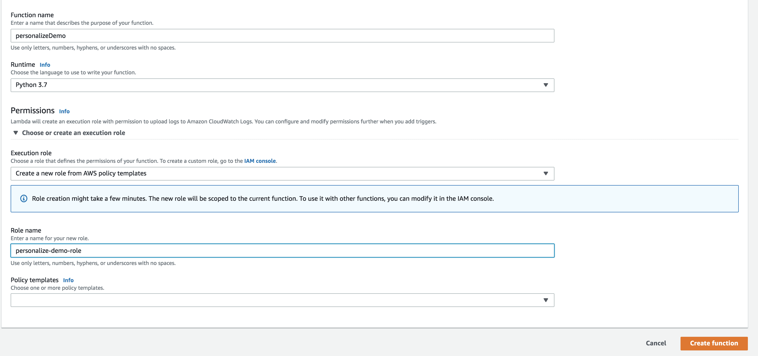 AWS Lambda function setup with Python 3.7, role creation, and function name personalizeDemo.