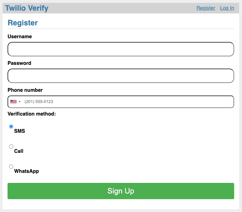 Twilio Verify registration form with fields for username, password, phone number, and verification method options.