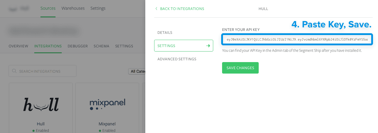 Hull integration settings with API key entry and save button highlighted.
