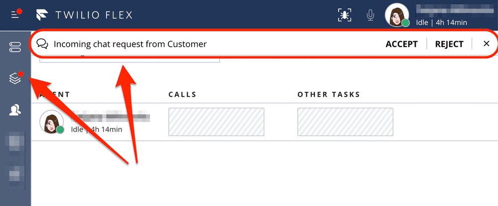 Twilio Flex interface showing incoming chat request with accept and reject options.
