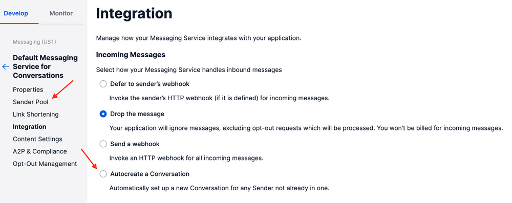 Integration settings for messaging service with options for handling incoming messages, including drop or autocreate conversation.