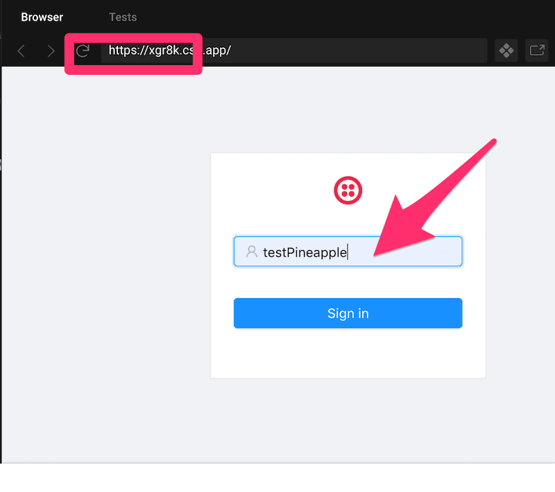 Login page with testPineapple entered in username field and reload button highlighted.