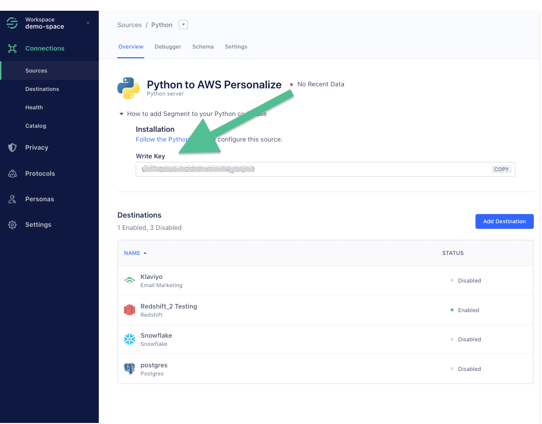 Segment overview panel showing Python to AWS Personalize with arrow pointing to Write Key field.