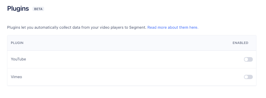 Plugins settings with YouTube and Vimeo toggle switches.