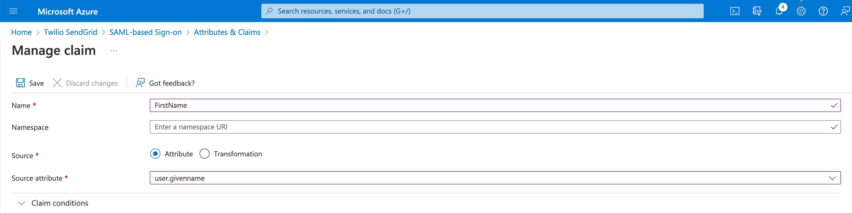 The FirstName attribute settings.