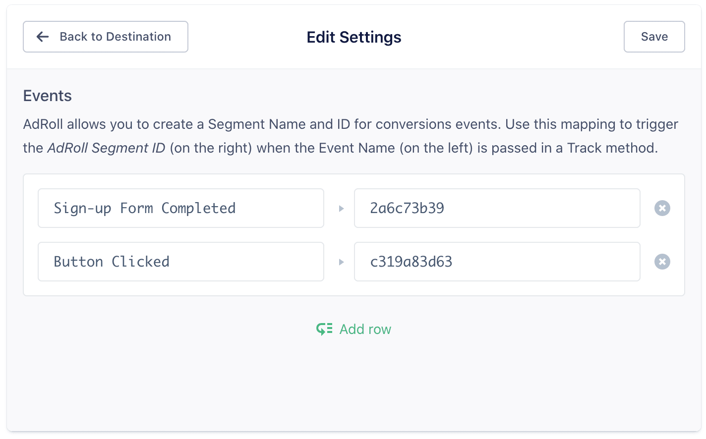AdRoll event settings with Sign-up Form Completed and Button Clicked mapped to Segment IDs.