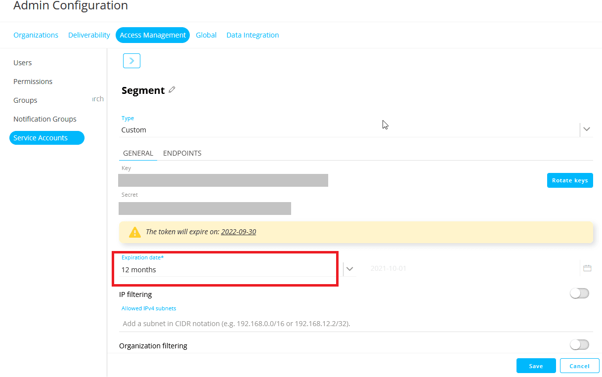 Admin configuration showing token expiration warning and expiration date set to 12 months.