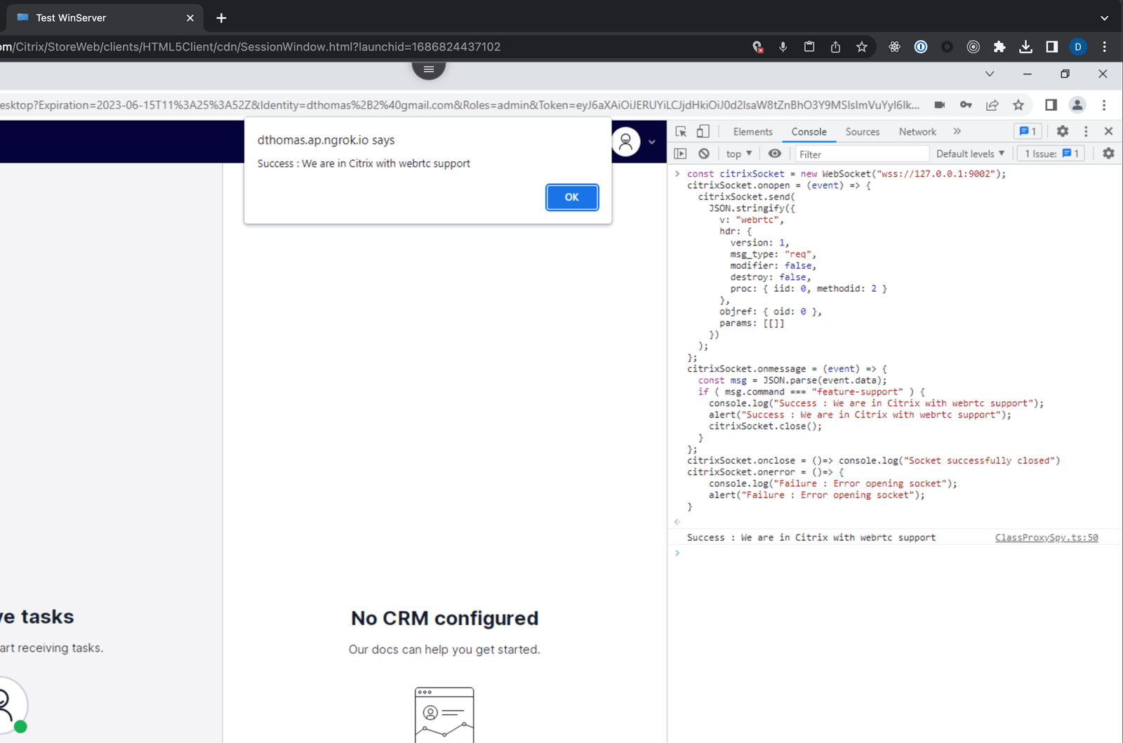 Alert message confirming Citrix with WebRTC support and console code snippet.