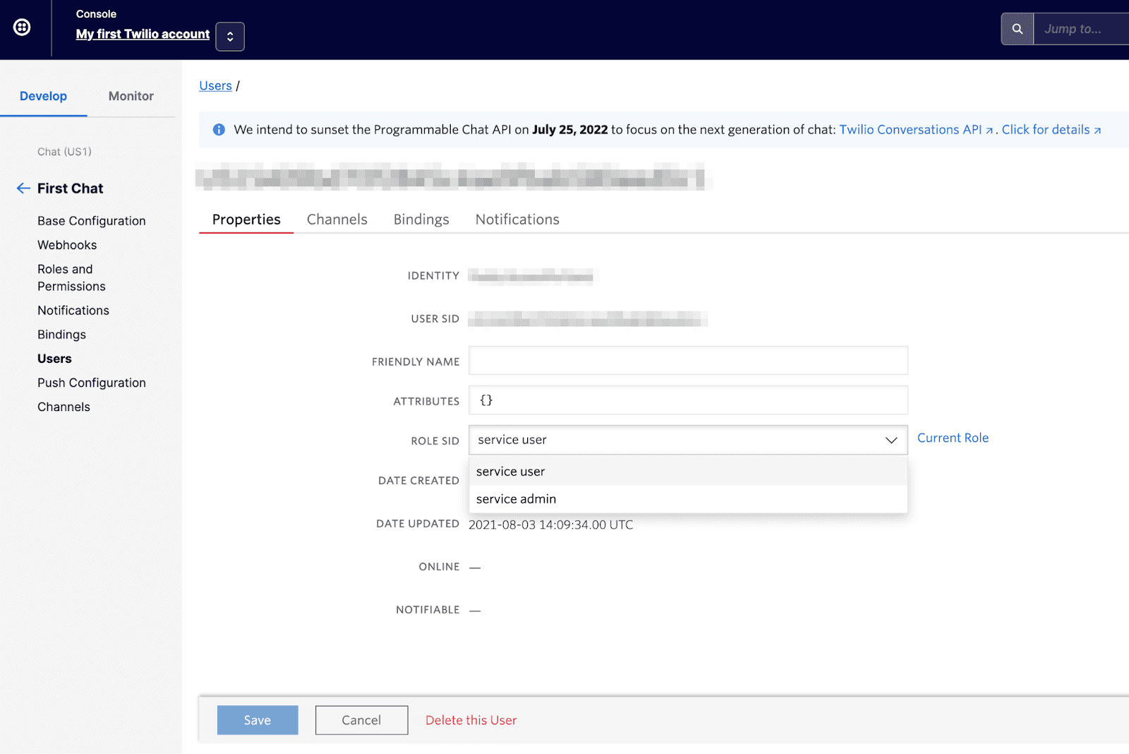 Twilio user properties screen showing identity, role, and date updated.