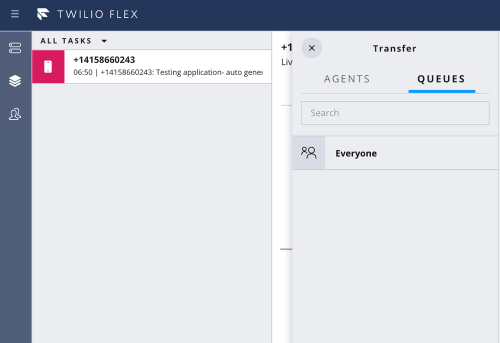 Twilio Flex transfer window showing tasks and queue options.