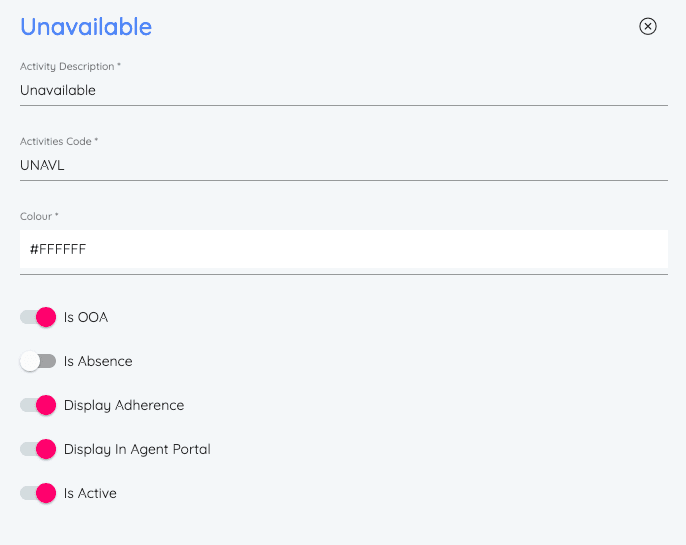 Form for creating an unavailable activity type with options for OOA, absence, adherence, agent portal, and active status.