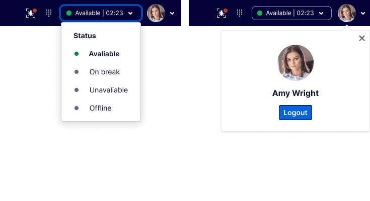 User status dropdown with options and profile card with logout button.