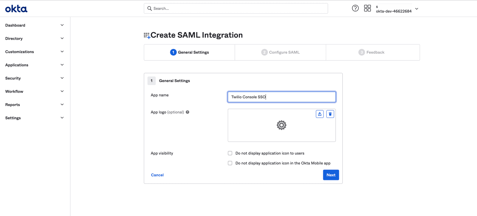 Okta Create SAML Integration with Twilio Console SSO app name input.