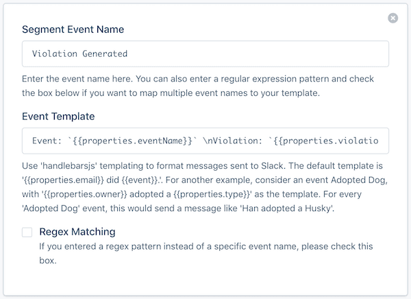 Slack destination settings with 'Violation Generated' event name and template created using handlebarsjs.