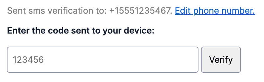 One-time passcode input field with phone number and edit option.