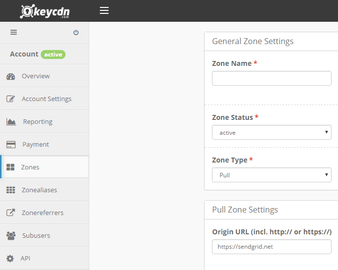 KeyCDN interface showing general and pull zone settings with active status and sendgrid.net URL.