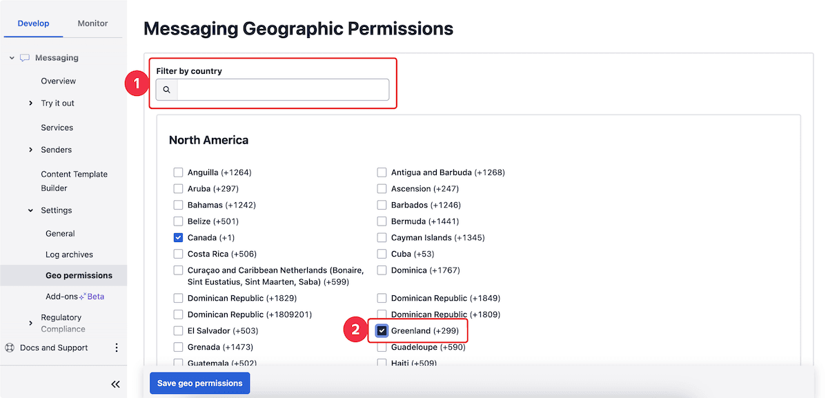 Interface for adjusting SMS geo permissions with country filter and selection checkboxes.