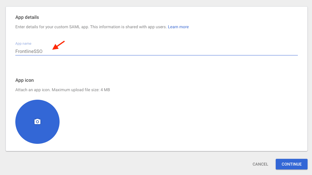 Custom SAML app details with app name FrontlineSSO and app icon upload option.