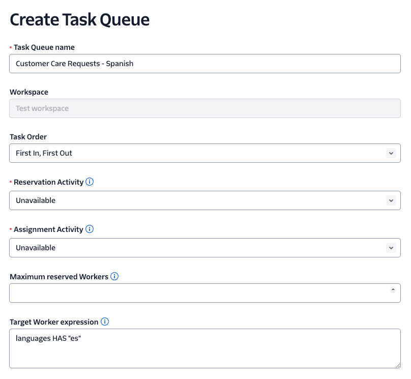 Create Task Queue form with fields for name, workspace, task order, reservation and assignment activity, and target worker expression.