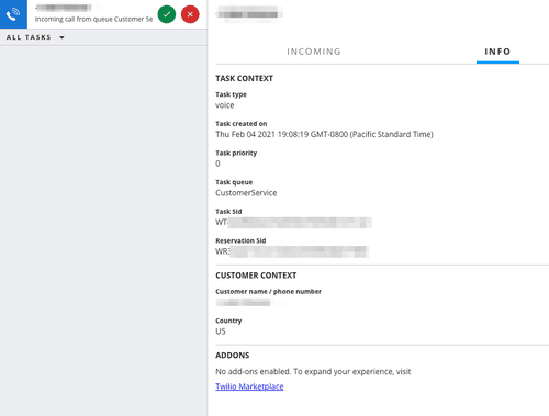 Task info tab showing task type, priority, queue, and customer context details.