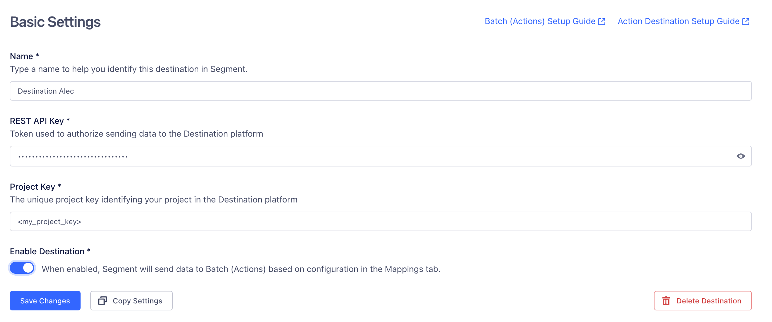 The Braze destination Basic Settings page in the Segment app.