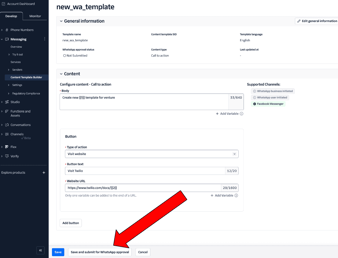 Configure WhatsApp template with call to action for website visit, including body text and URL fields.
