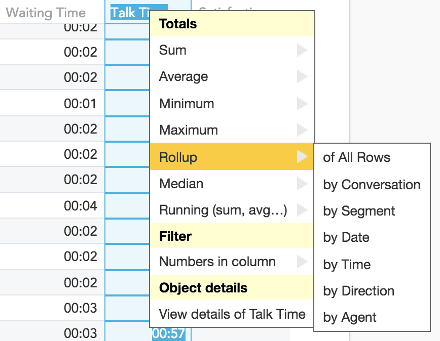 Dropdown menu showing rollup options for data aggregation by rows, conversation, segment, date, time, direction, or agent.