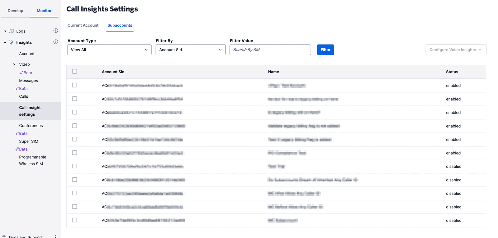 Call Insights Settings page showing subaccounts with filter options and status columns.