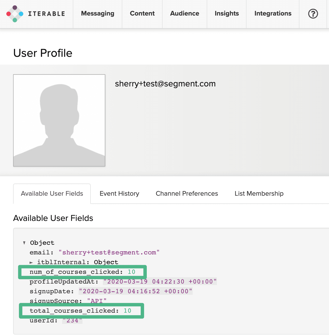 Iterable user profile showing Event History with 'Audience Entered' event details.