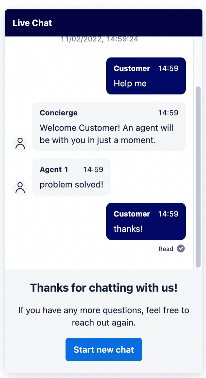 Live chat ending with customer thanking agent and option to start new chat.