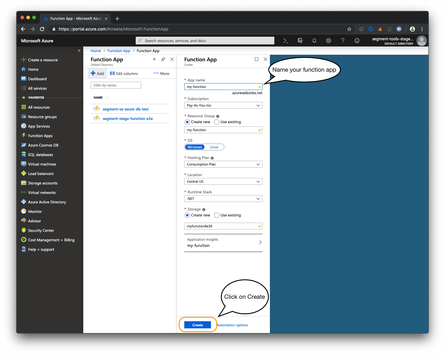 Azure portal showing Get function URL popup with Copy button highlighted.