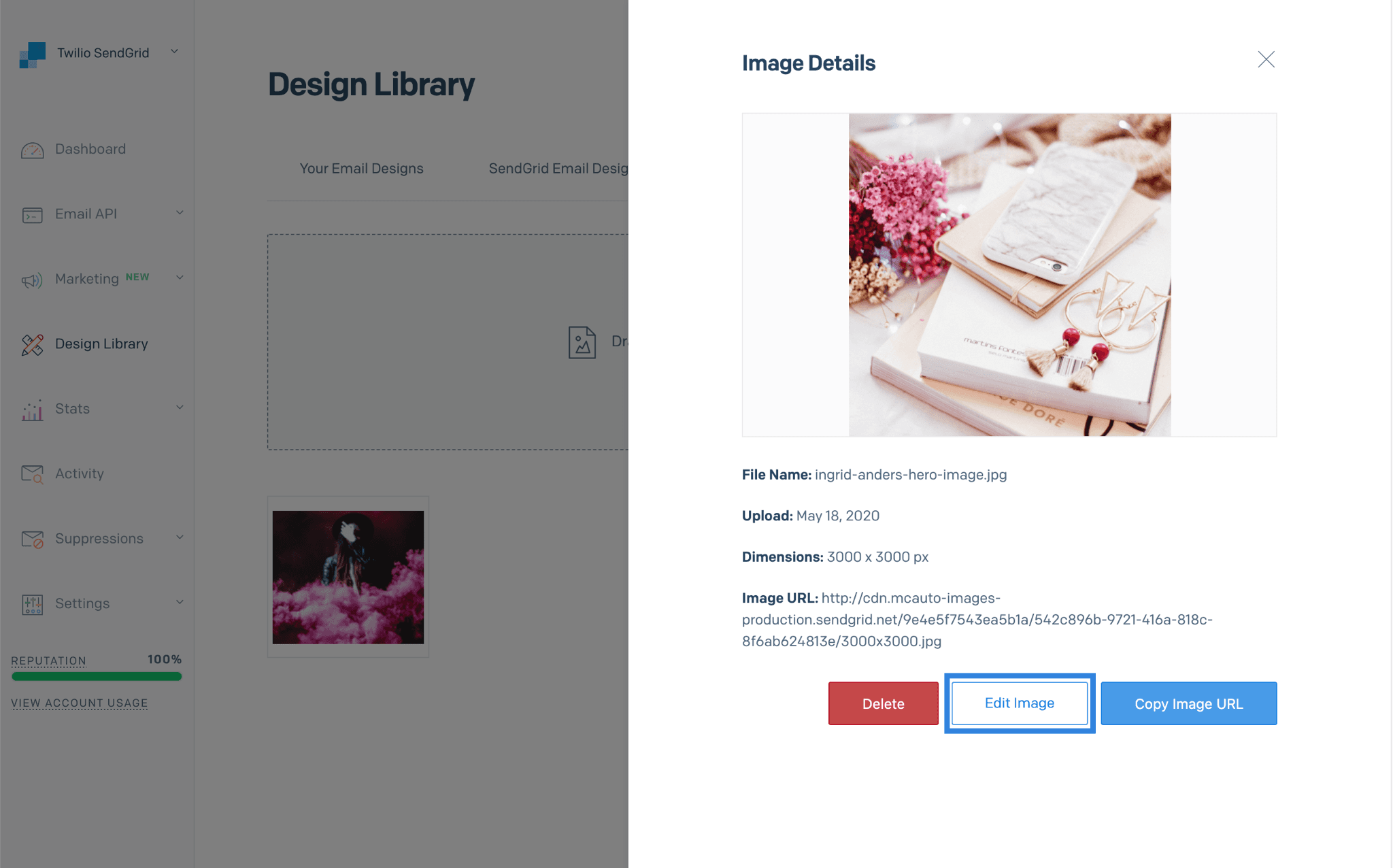 Edit button highlighted in details panel of design library.