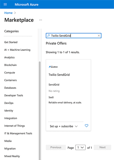 Twilio SendGrid listing in Azure Marketplace with setup option.
